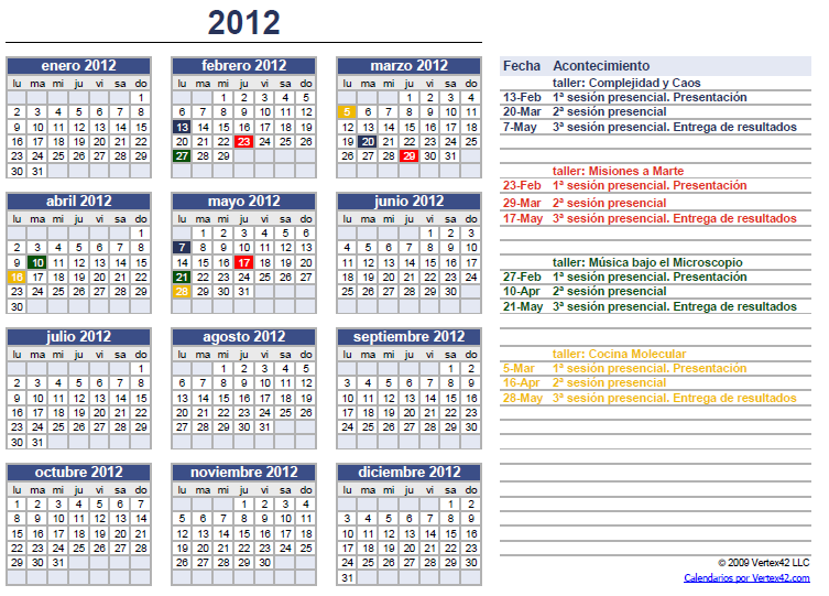 Calendario Sesiones Talleres Interdisciplinares